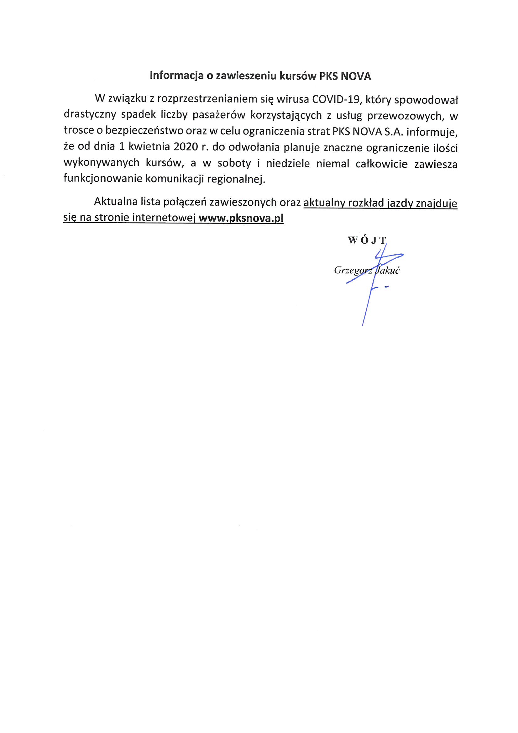 Informacja o zawieszeniu kursow PKS NOVA